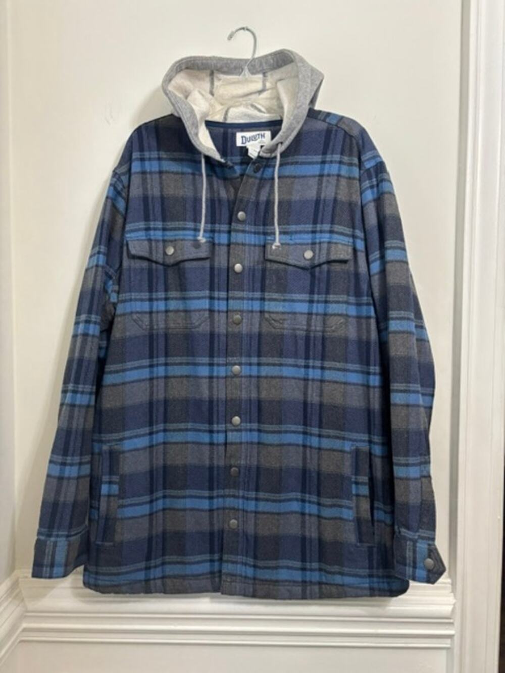 Duluth Trading Co Shacket Mens Large Tall Plaid Flannel Hooded Snap Front Jacket